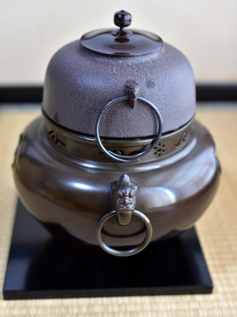 唐銅鬼面風炉、茶釜、敷板付き3点　高橋敬典＆金森浄雲作　お茶道具/共箱