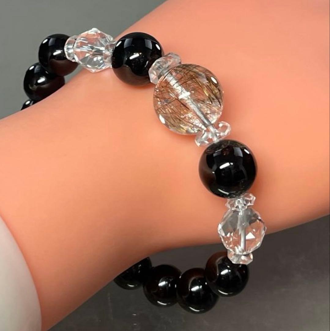 BRY1013⭐️ブラックルチル・ガーネット・水晶ブレスレット⭐️高品質　天然石