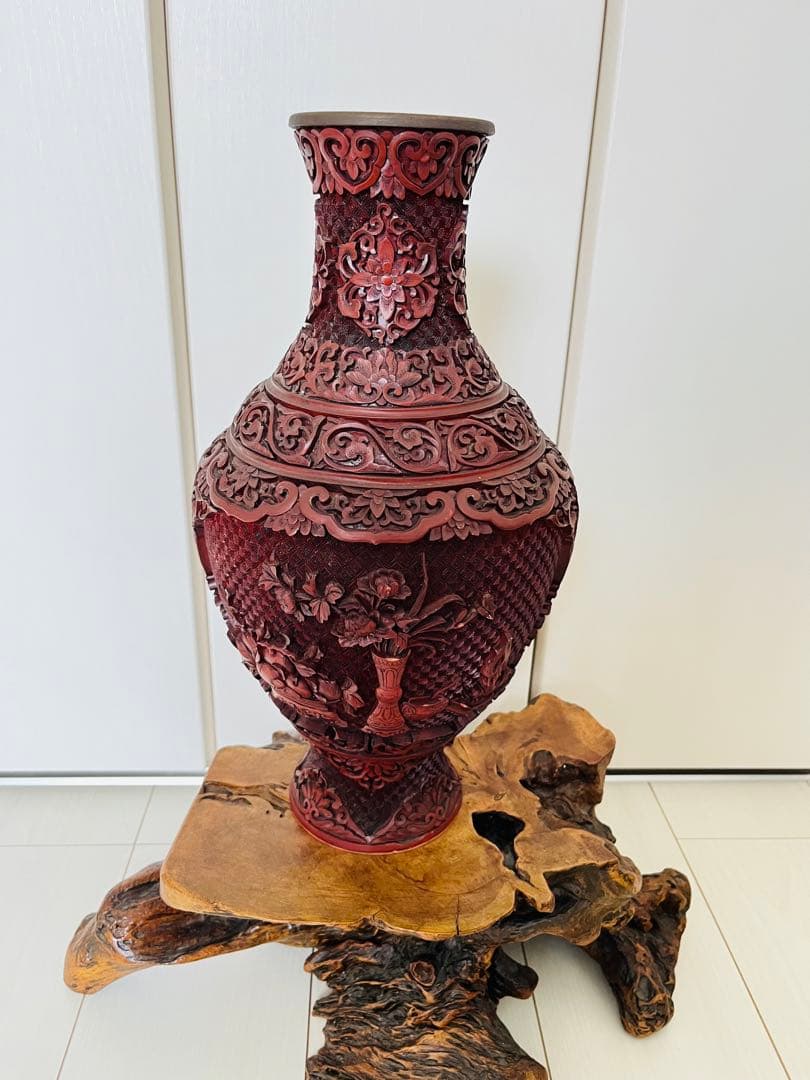 銅胎堆朱花瓶、台湾堆朱、アンティーク、古美術、芸術品、置物、コレクション