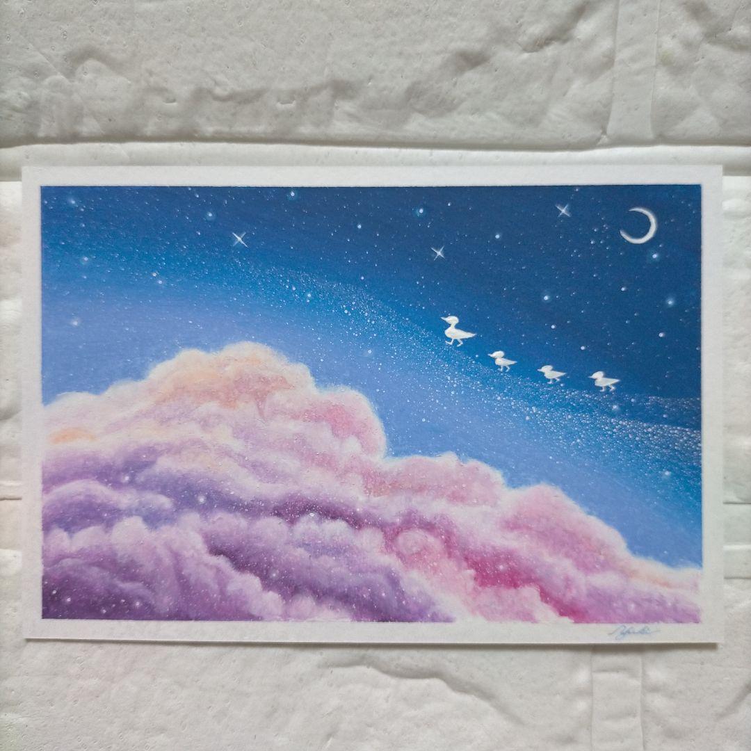 カルガモ親子の星空散歩 オイルパステル画原画 ハガキサイズ 絵画 #119