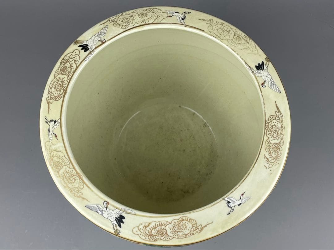 薩摩 手あぶり火鉢 鶴 菊 花鳥図 金魚鉢 メダカ鉢 陶器 壺 置物