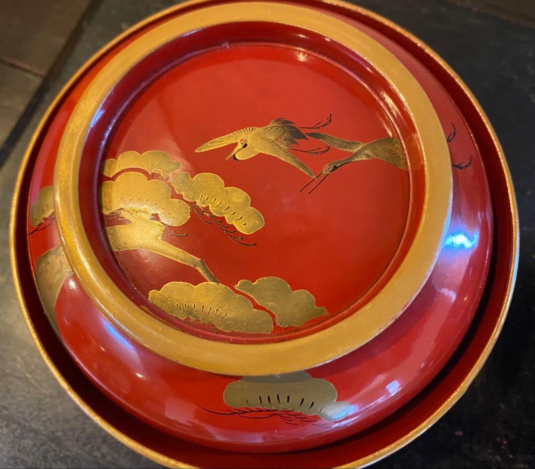 【明治期名工】山中漆器・山崎又一作・鶴松金蒔絵・煮物椀 5客・共箱 稀少古和紙付