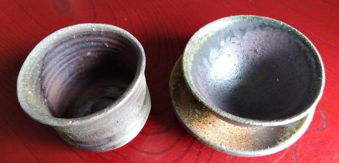 前焼名工　白越不朝　塩越窯自然灰釉究極美逸品ぐい呑み/湯呑2種茶托セットNo7