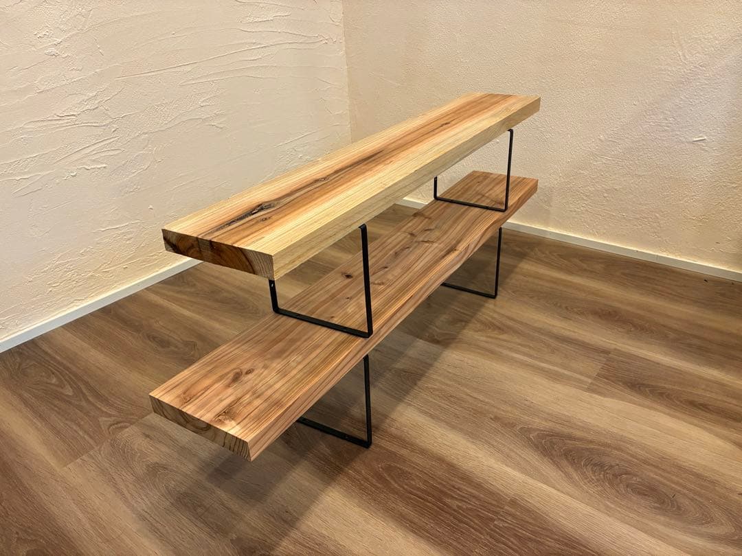 二段シェルフ 杉無垢材　無塗装　飾り棚 幅90cm と80cm無塗装×アイアン