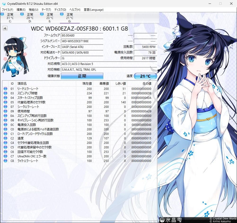 n*s様 WD Blue 6TB WD60EZAZ 内蔵型HDD （Ｇ）