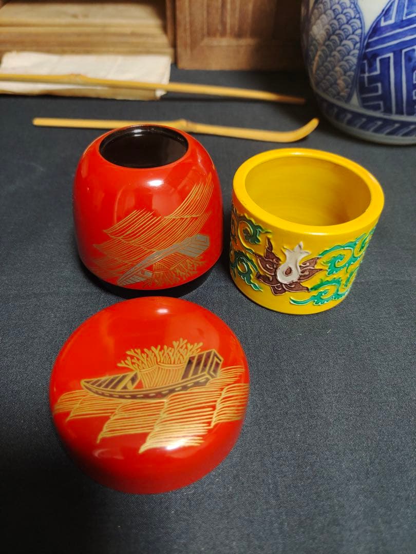 茶道具セット　美品　桐短冊箱　昭阿弥水指　黄交趾蓋置　和楽赤茶碗　銅建水　時代物