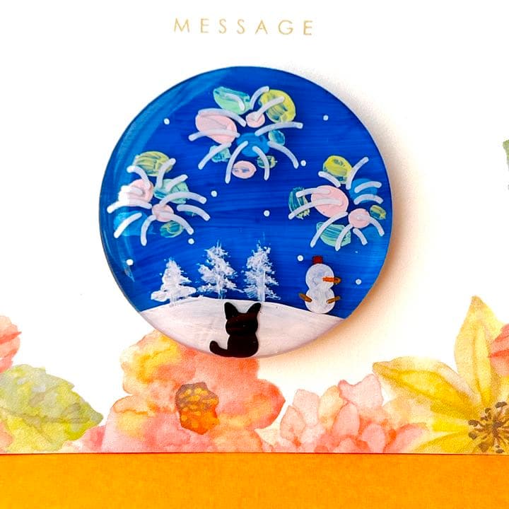 手書き　冬花火②　ヘアゴム　ブローチ　レジン　猫