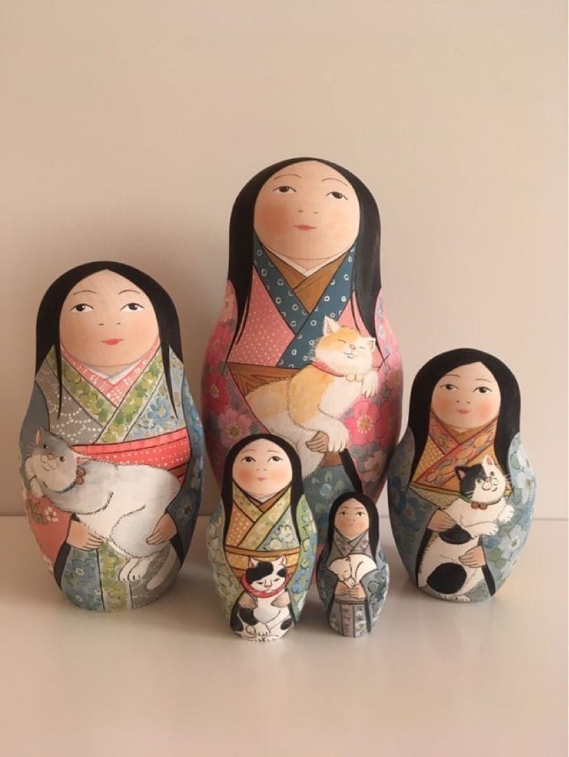 ひな祭りセール♪ロシア雑貨☆着物マトリョーシカ(5P)和風猫ボボワ作オマケ付き♪