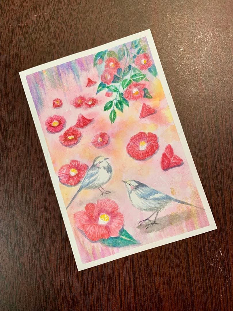 水彩画　落ち椿とハクセキレイ　値段は※900円です