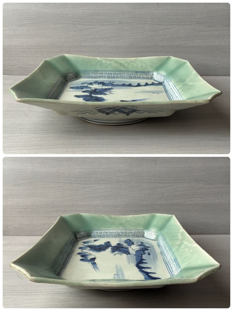 染付　四方皿　青磁染付　楼閣山水図　風景画　角皿　向付　鉢　隅切角皿　和食器