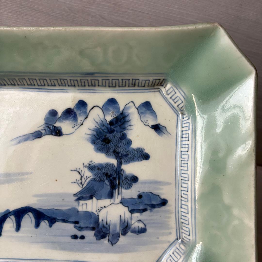 染付　四方皿　青磁染付　楼閣山水図　風景画　角皿　向付　鉢　隅切角皿　和食器
