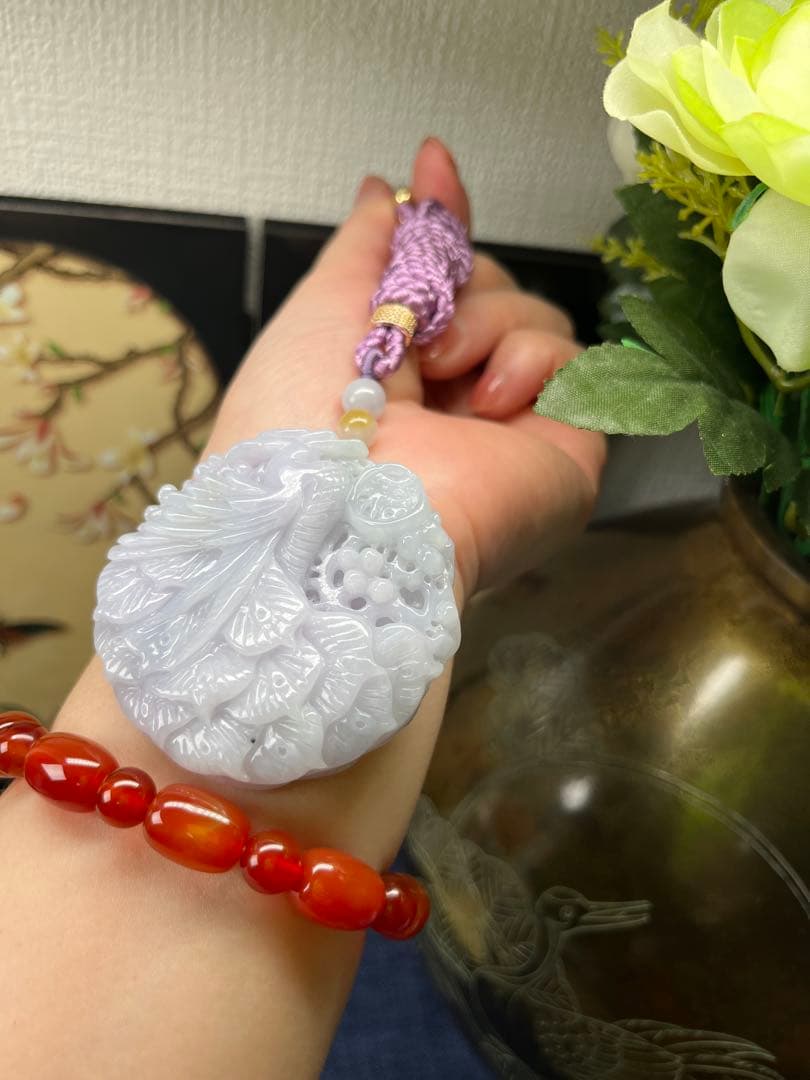 お得品‼️新入荷❣️天然A貨翡翠 厚重感、満工【花開富貴、鳳穿牡丹】　鑑定書付き