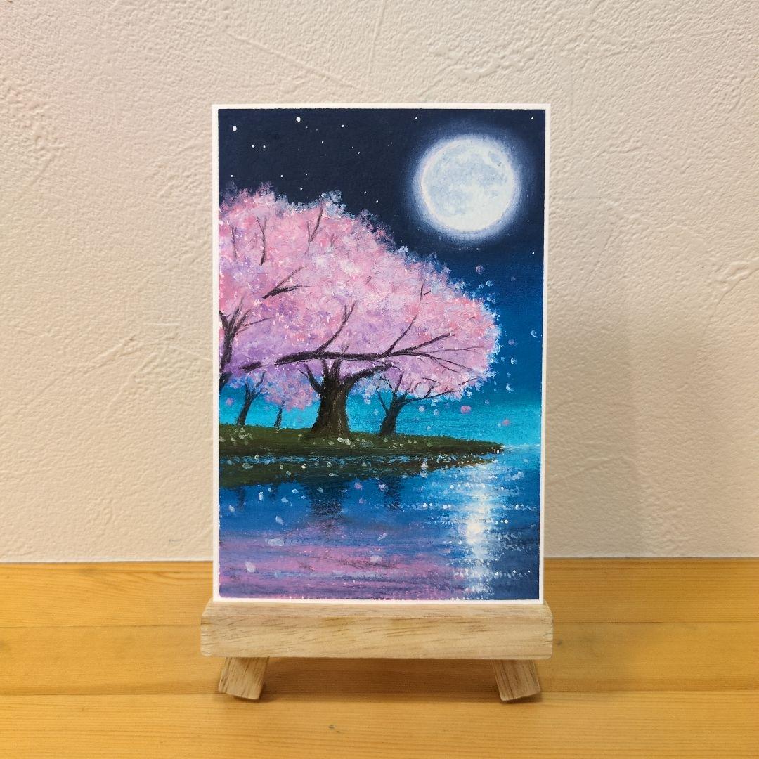 【原画：ハガキサイズ】　満月と満開の桜　オイルパステル画