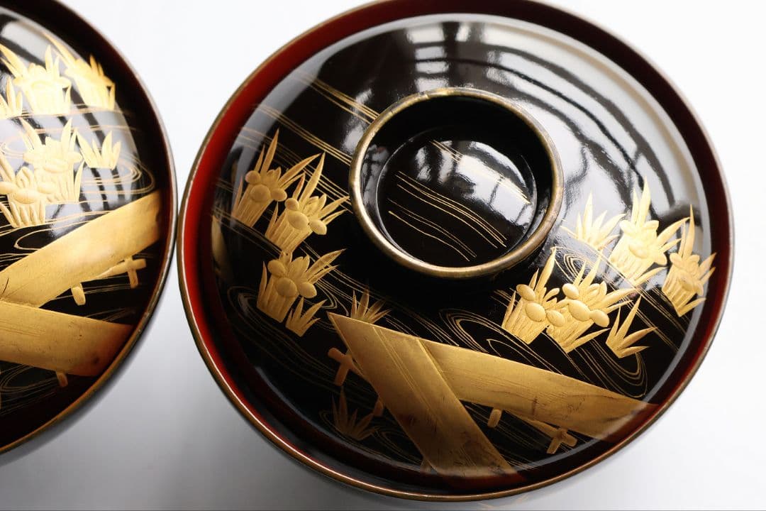 【CM438】時代蒔絵椀 天然木漆塗 花菖蒲金蒔絵 吸物椀 五客 杜若