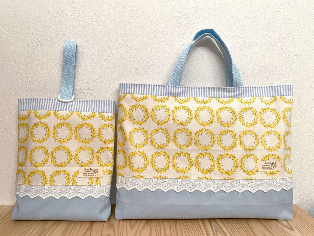 ハンドメイド　入園入学準備　６点セット　レッスンバッグ　フラワーブーケ　イエロー
