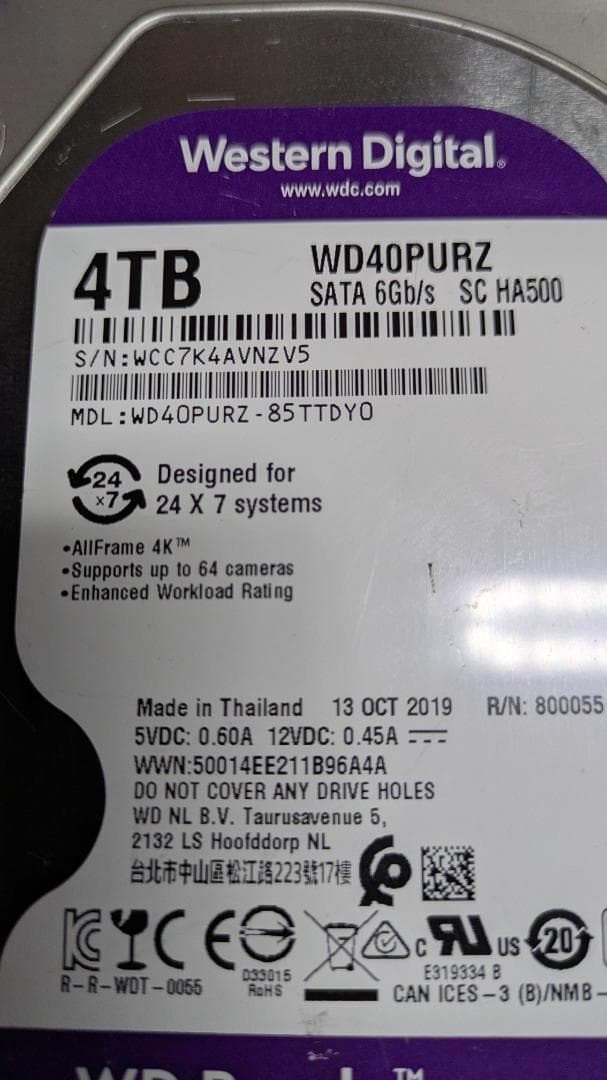 4TB 内臓HDD 3.5イン WD Purple