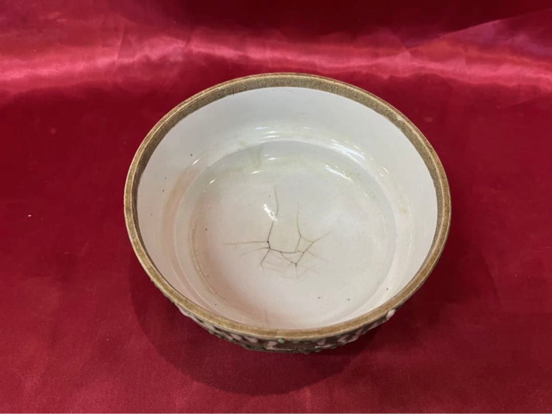 【アンティーク】萬古焼 鮫肌釉 菊水文 蓋物 茶道具 茶器 骨董 陶器 古民具