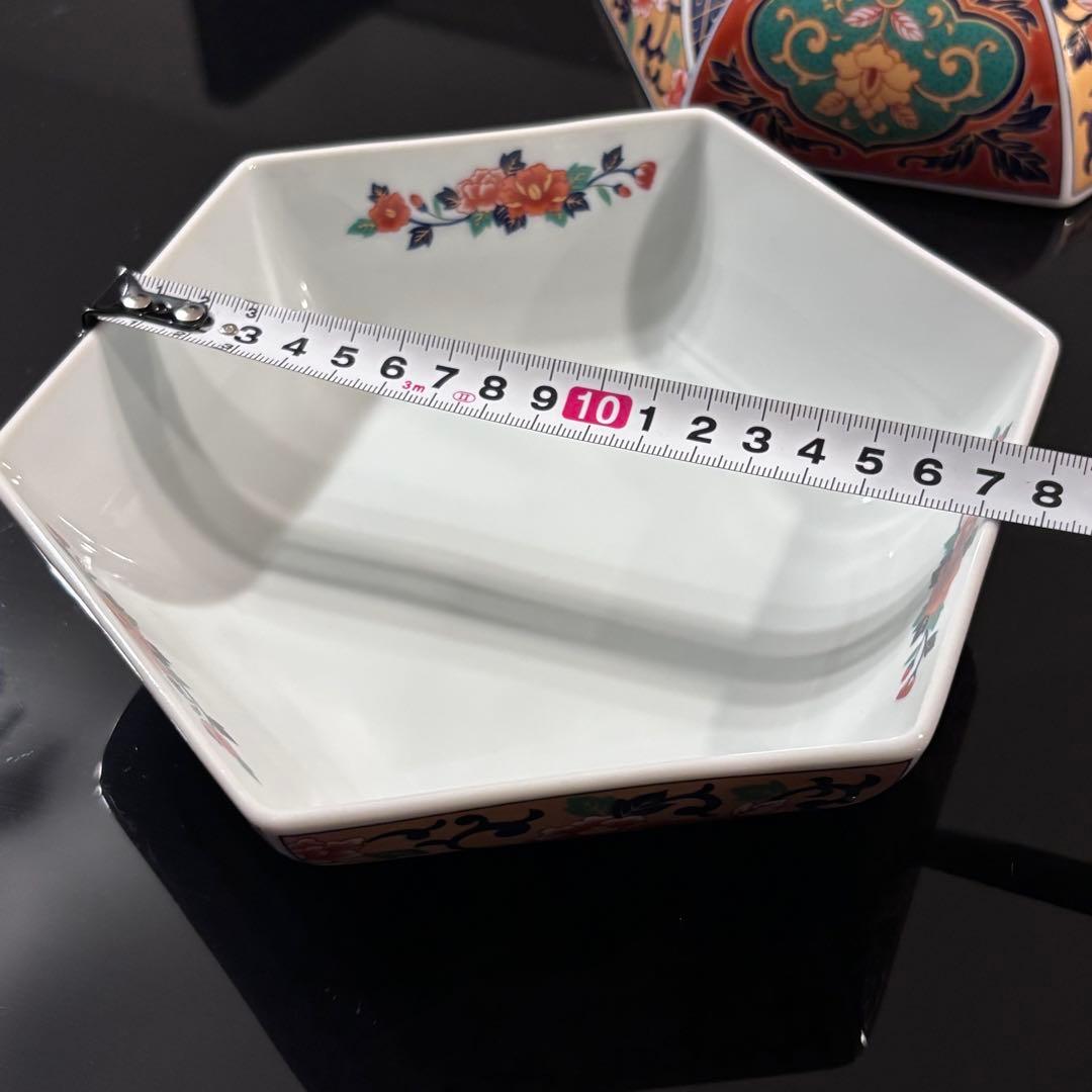 縁起物 亀甲六角皿 3枚 未使用 牡丹 錦 吾山窯
