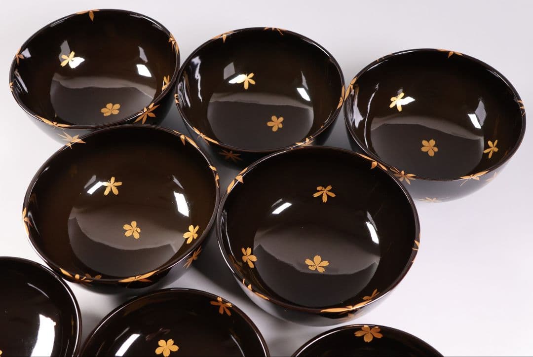 【CM437】天然木漆塗 桜紅葉 雲錦金蒔絵 黒汁椀 五客 / (検)輪島加賀