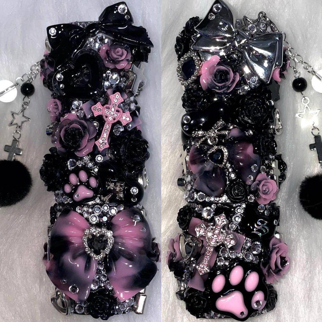 ★ iQOSケース デコ black×pink チャーム付き 【90】