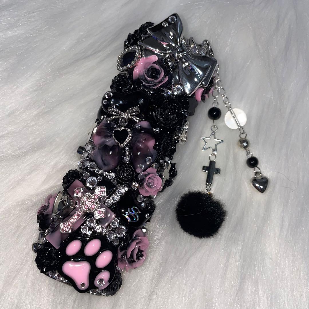 ★ iQOSケース デコ black×pink チャーム付き 【90】