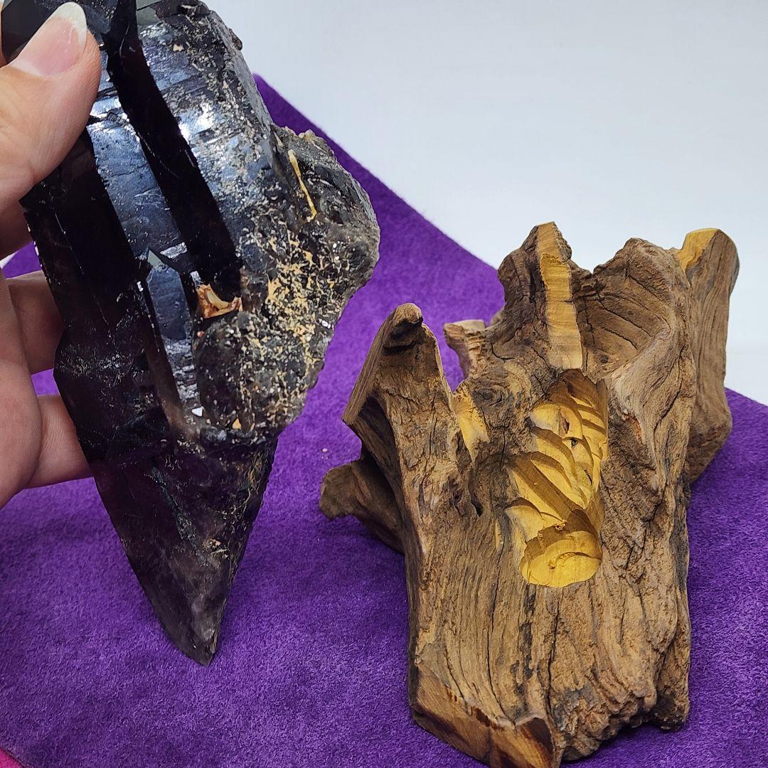 天然モリオン原石＋流木台座 最強魔除け守護石