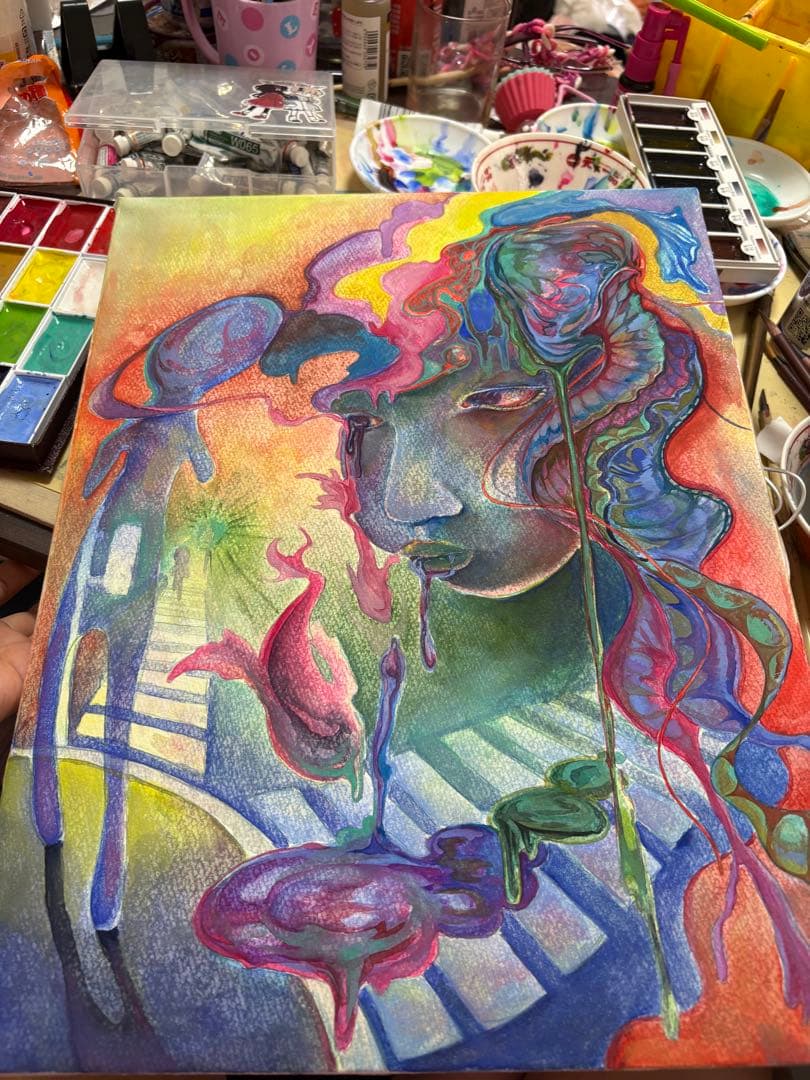 カラフルな水彩画 幻想的な人物像 F 6サイズ