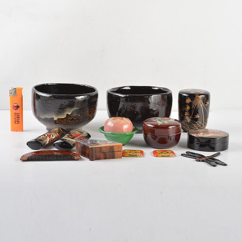 茶道具　鳥金蒔絵棗　黒楽茶碗　香合　櫛　印籠など　輪島塗13点　M　R6020