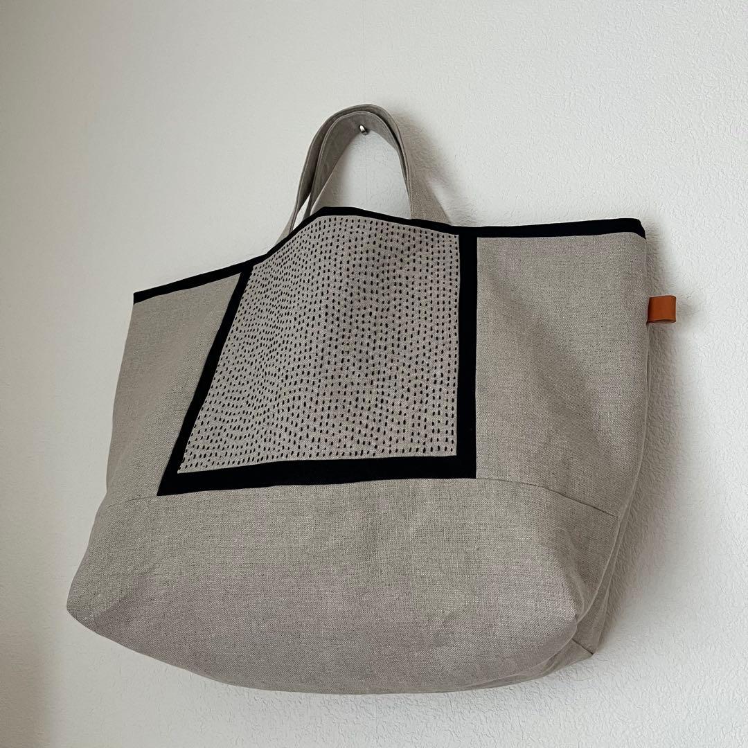 リネンの大きい刺し子バック　ハンドメイド パッチワーク