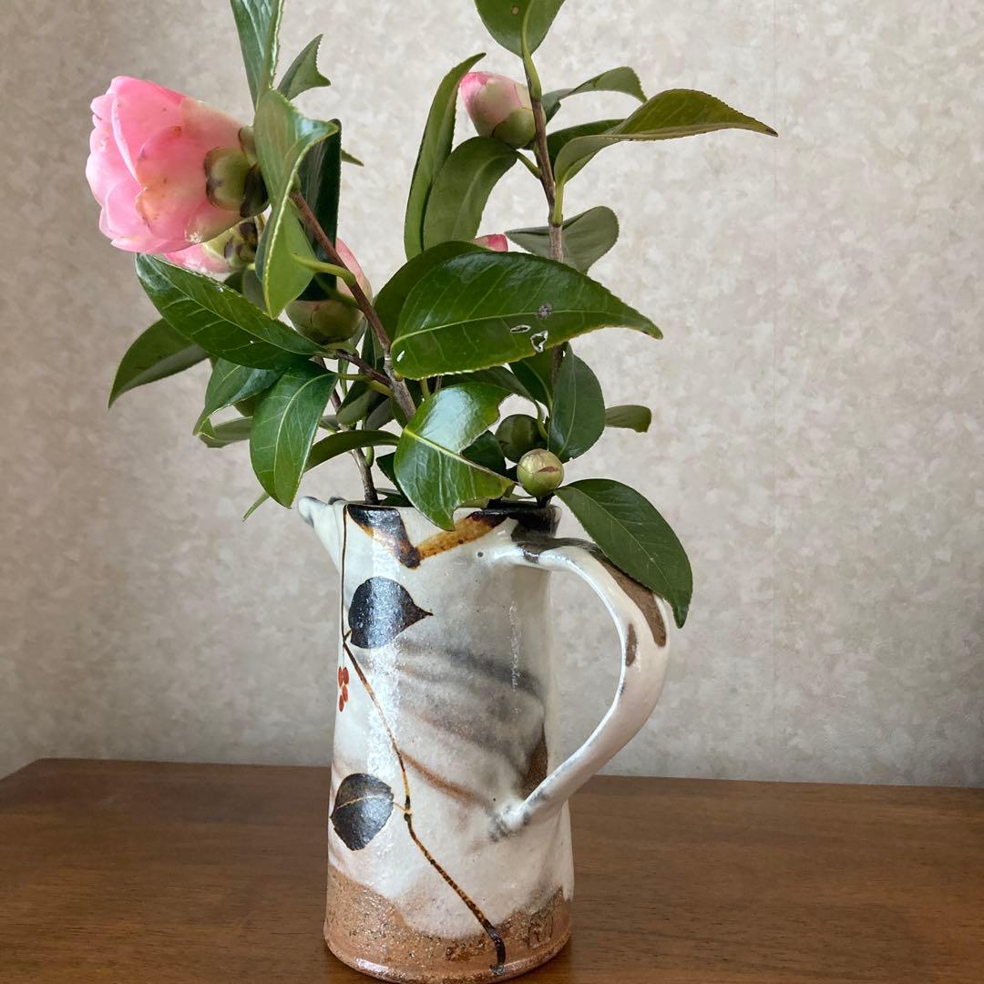 【名工 吉川水城】益子焼 水指（みずさし）★鉄絵 草花紋★茶道具 花器★椿に映え