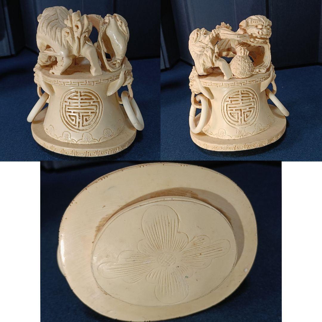 AP77 中国 香炉 獅子 三足 台付 細密彫刻 樹脂製 29cm 中国美術