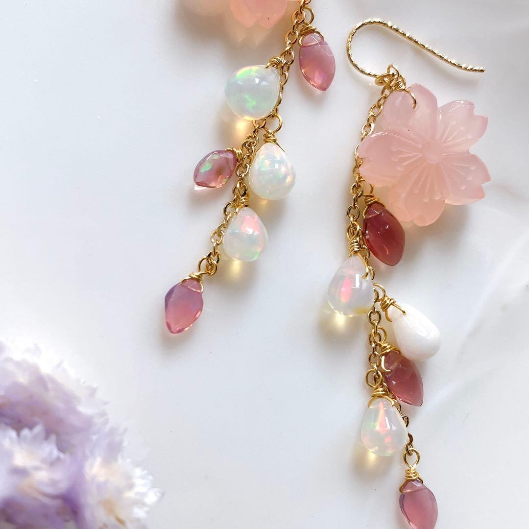 うぐいす◆桜カービング✧ピンクカルセドニー×オパールピアス✧14kgf