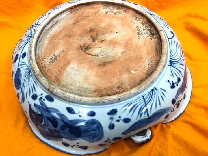 青花  染付  蓮  荷葉  鯉  水盤  40cm