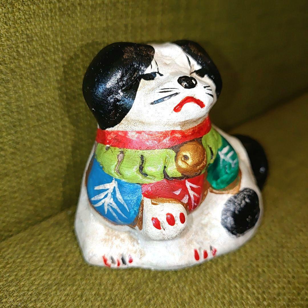 昭和レトロ　土人形　狆　お手をしている犬の陶器鈴置物