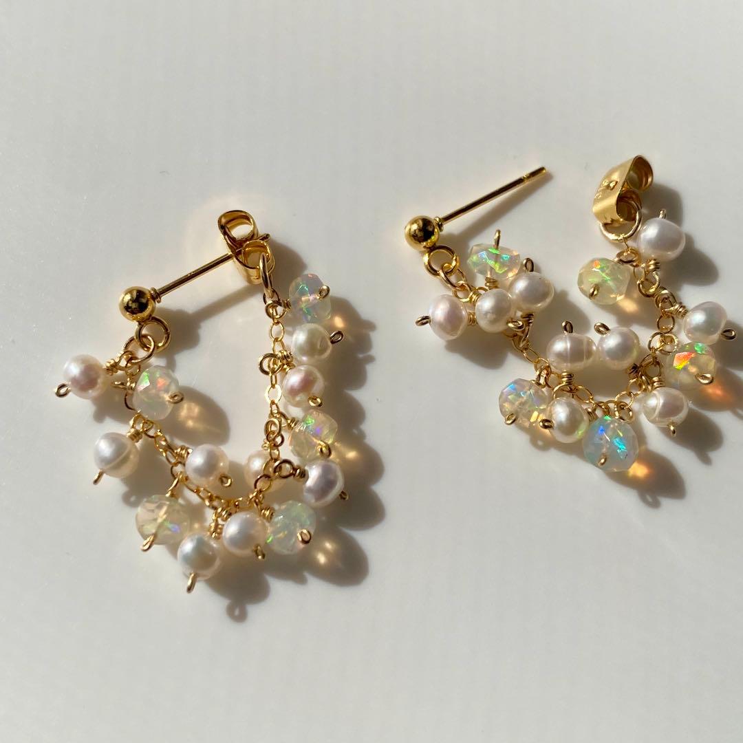 no.246＊14kgf パール&オパールしゃらしゃらピアス