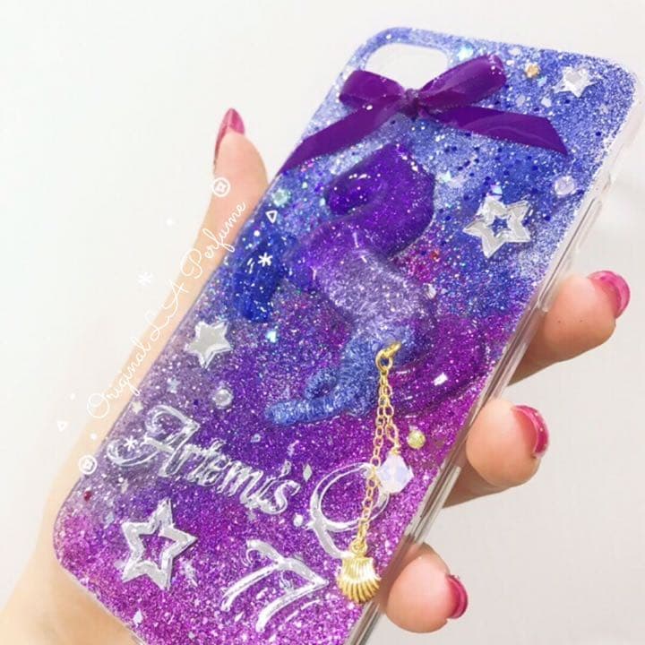 名入れ♡キラキラユニコーン✨リボンチャーム✨ブルーパープル系♡iPhoneケース