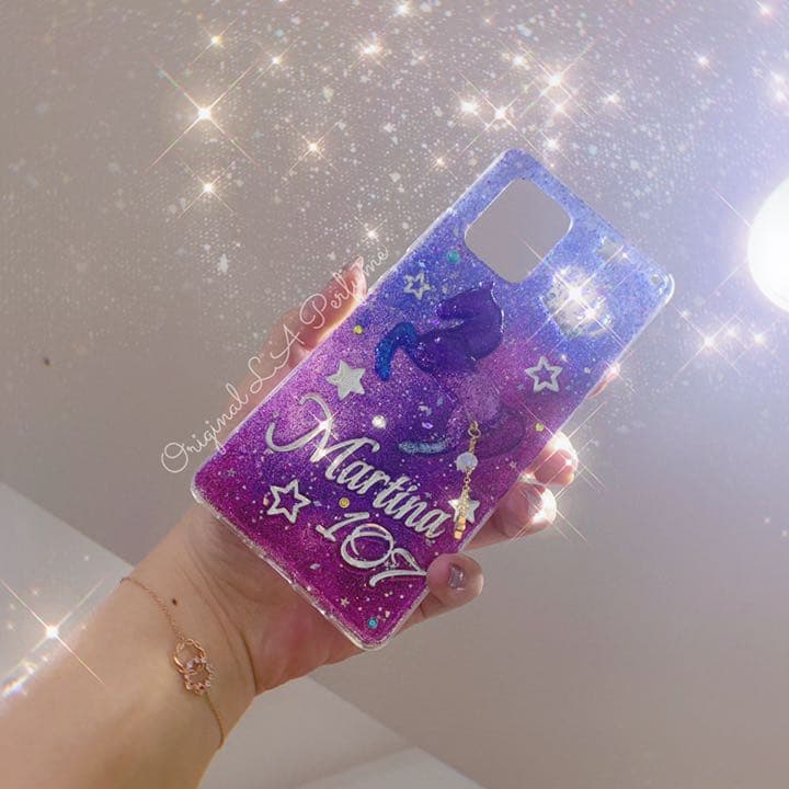 名入れ♡キラキラユニコーン✨リボンチャーム✨ブルーパープル系♡iPhoneケース