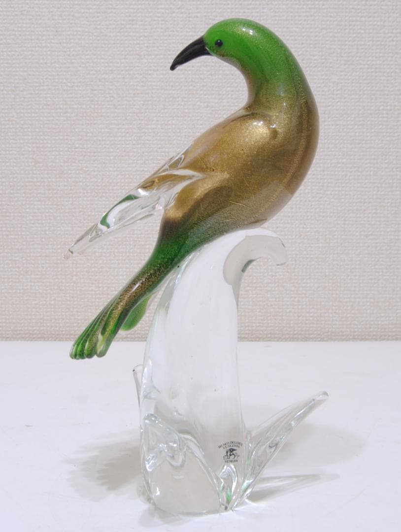 ベネチア ガラス ムラーノ 鳥の置物 オブジェ 緑 金彩 グリーン ゴールド