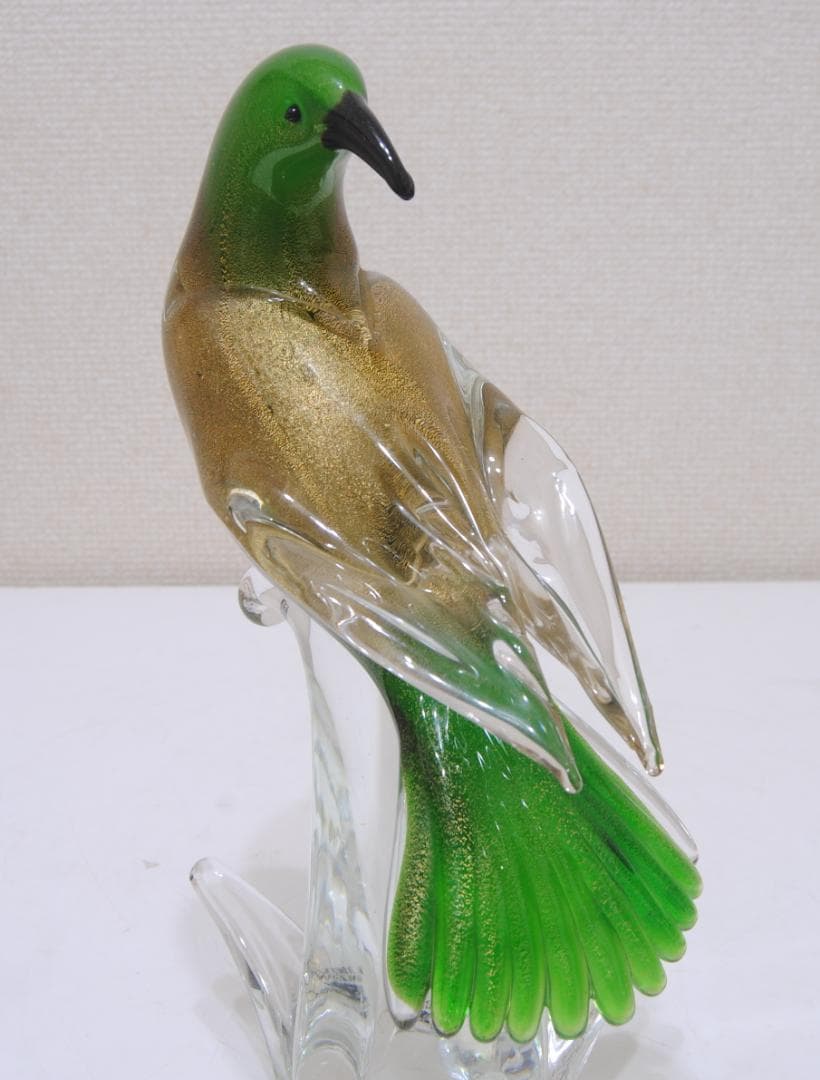 ベネチア ガラス ムラーノ 鳥の置物 オブジェ 緑 金彩 グリーン ゴールド