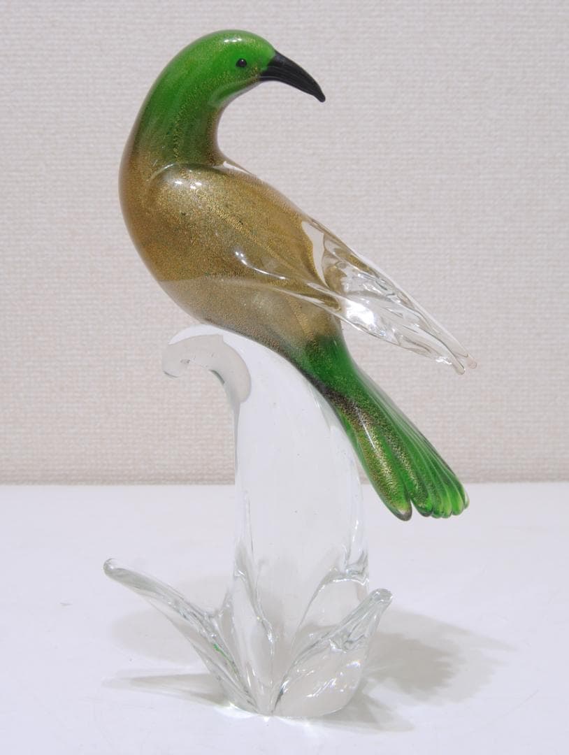 ベネチア ガラス ムラーノ 鳥の置物 オブジェ 緑 金彩 グリーン ゴールド
