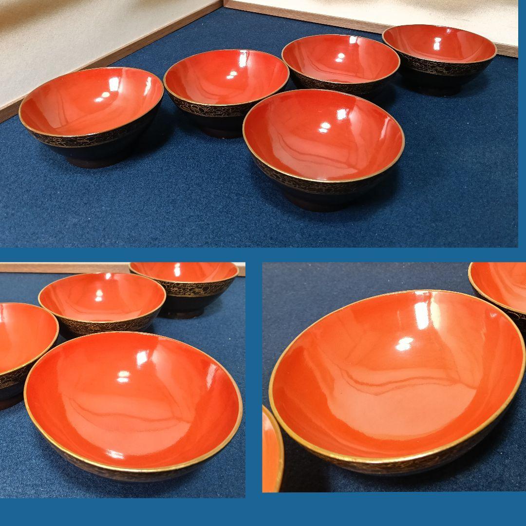 AO9 輪島塗 吸物椀 五客 沈金蒔絵 草花図 時代物 蓋付椀縦 縁金 木製漆