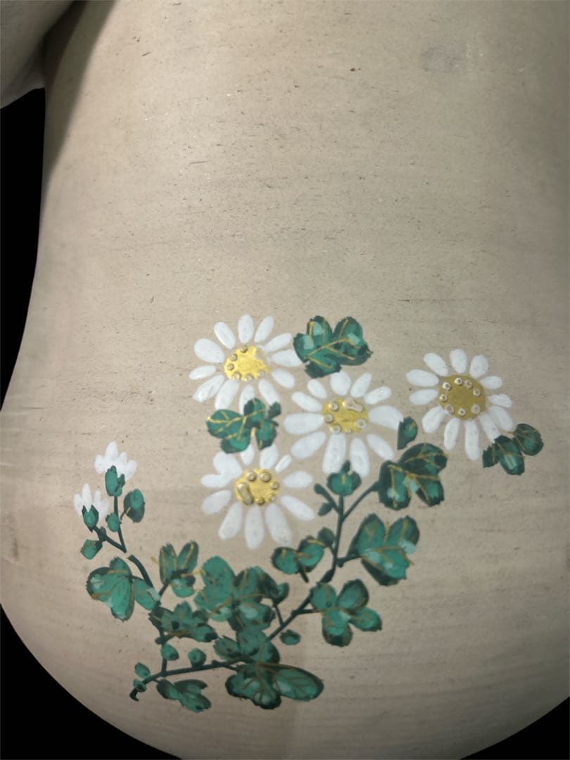 希少　夜寒焼　凌古堂造　辻鉦二郎　火鉢 白菊絵 隠し陽刻 金彩 共箱付