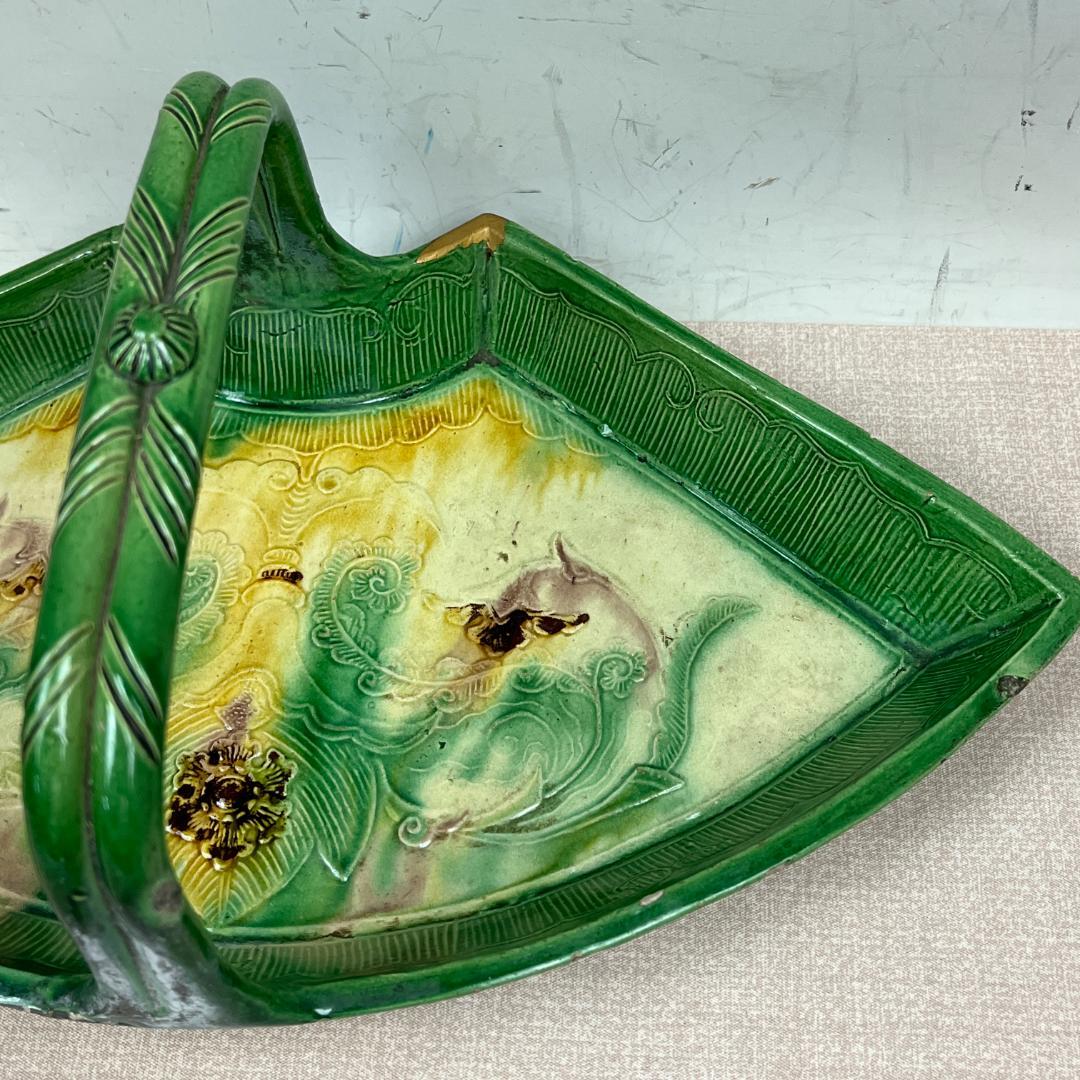 43 源内焼風 扇面鉢 緑 グリーン 直径約32cm 花図 和食器 インテリア