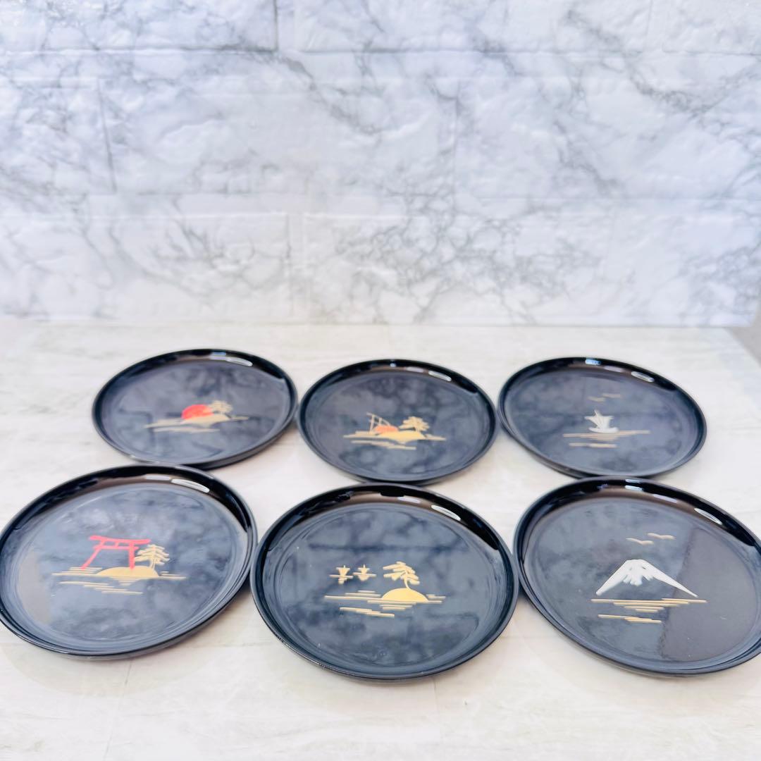 新品　漆器 豆皿 6枚セット★日本の風景 金彩 黒塗★10.5cm 別柄 縁起物