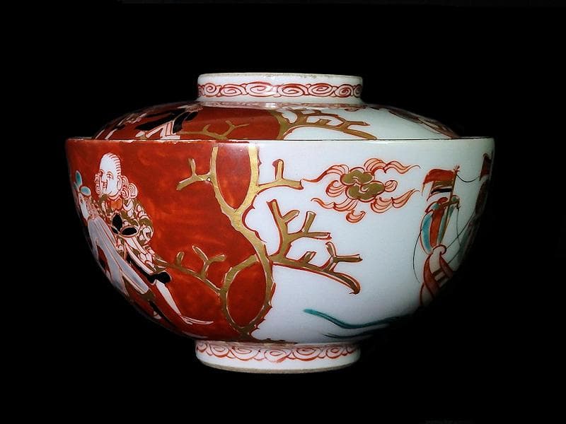 大聖寺伊万里　五艘船に南蛮人の図　大振蓋茶碗　６客　E678AS-CLm