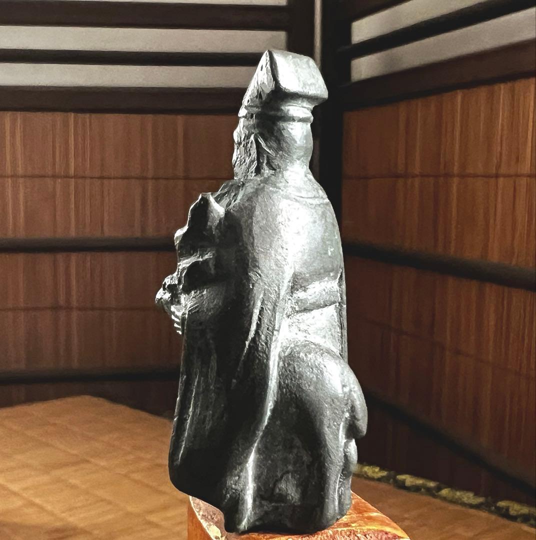 仏教神道美術 大國作 小型 古銅 希少 寿星 寿老人 玄鹿抱き 像 共箱