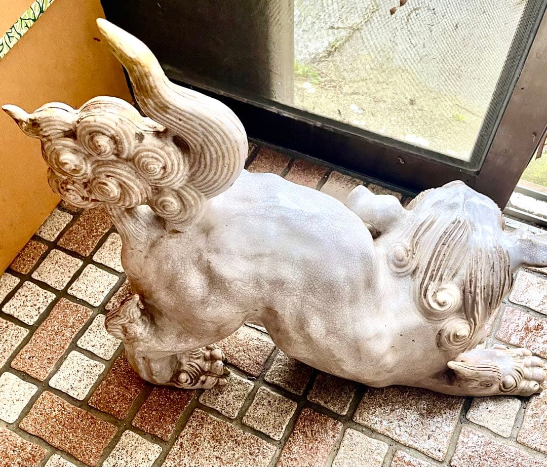 【特大40cm】作家物 獅子 置物 銘あり 狛犬 骨董 細工物 陶器 魔除け