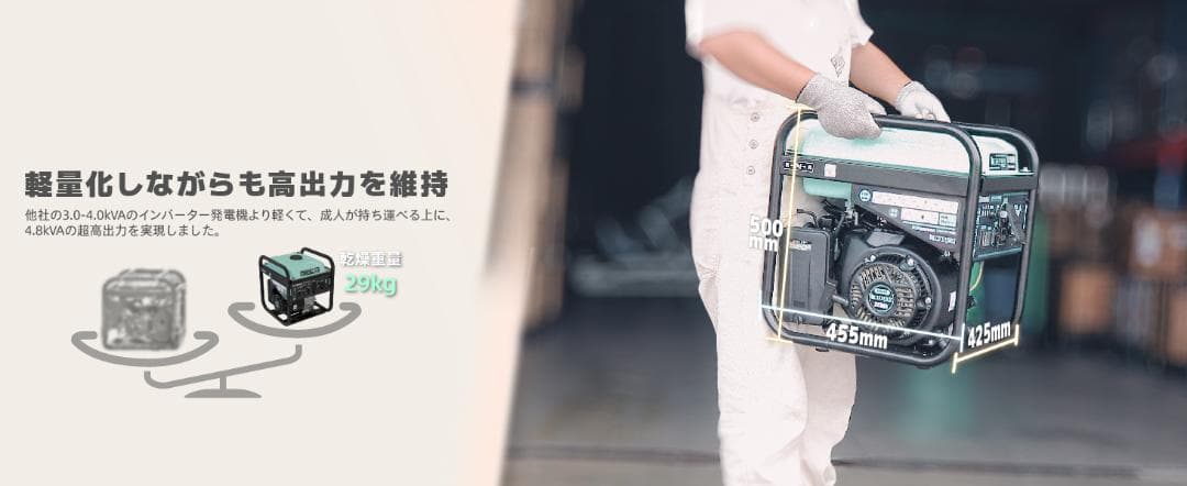 業界最小 インバーター発電機 4.8kVA ガソリン 正弦波 低騒音マーク取得