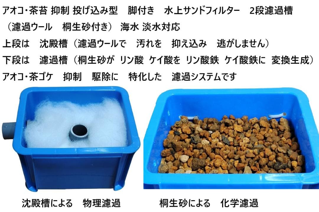 アオコ・茶苔 抑制 投げ込み型 脚付き 水上サンドフィルター 2段濾過槽
