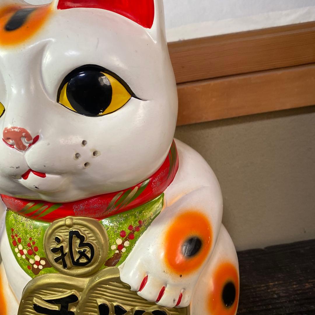 貯金箱招き猫 陶器製 左手挙げ